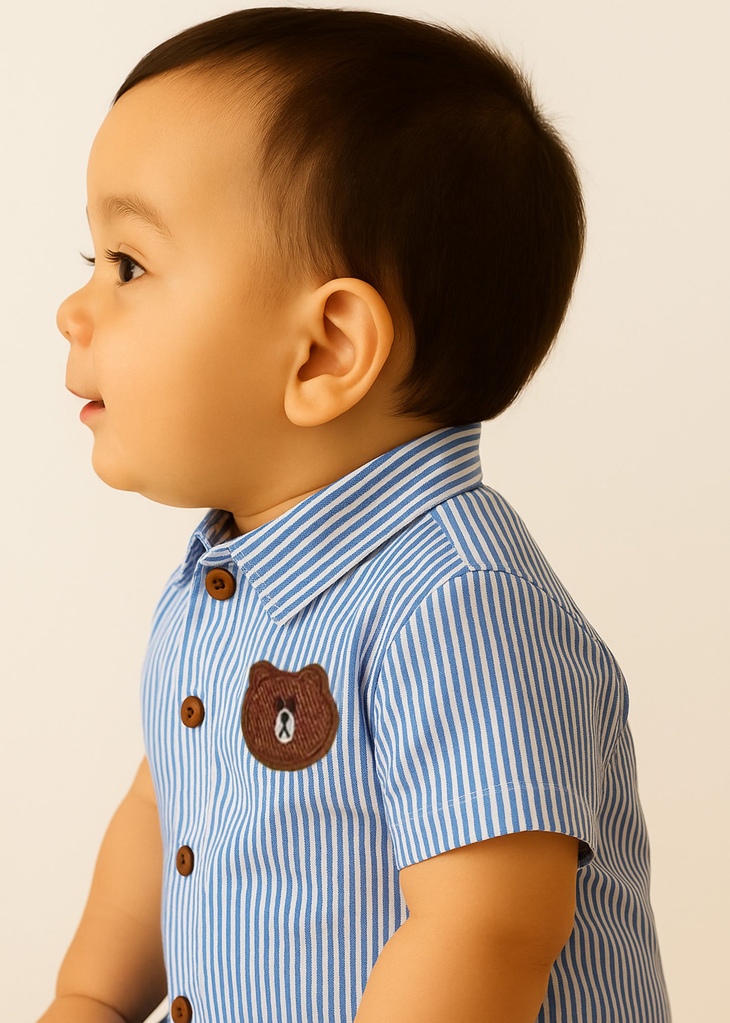 Bear Patch Blue Striped Cotton Shirt