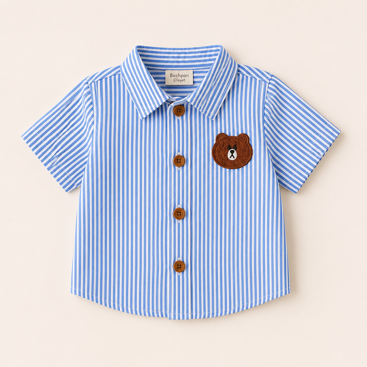 Bear Patch Blue Striped Cotton Shirt