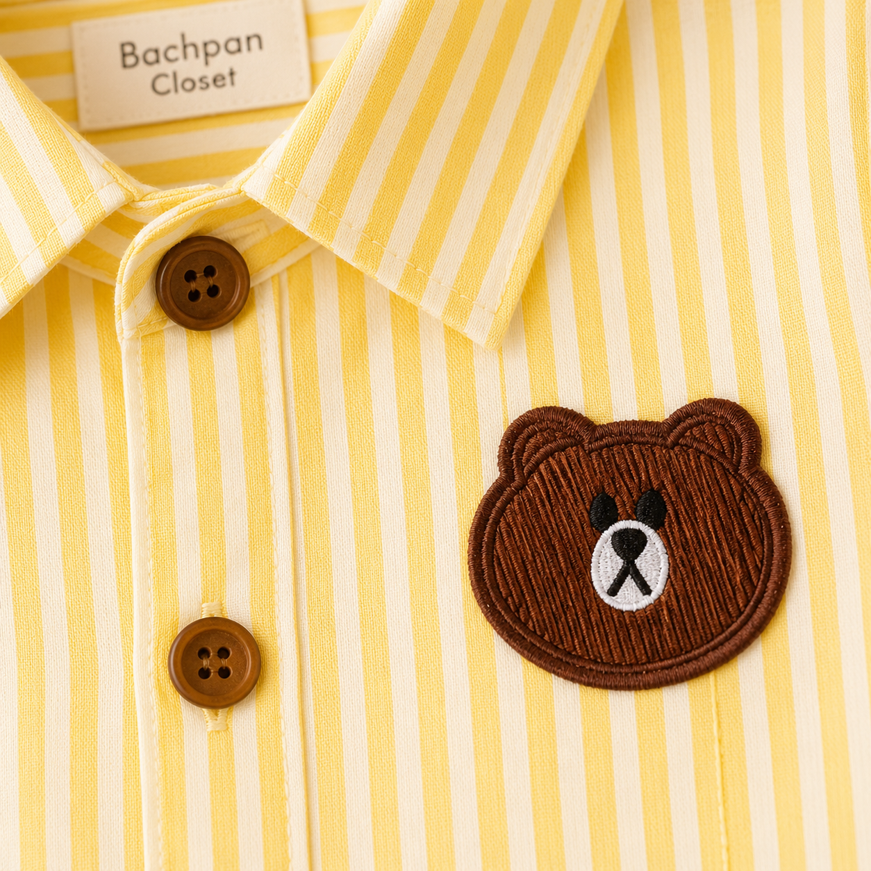 Bear Patch Yellow Striped Cotton Shirt
