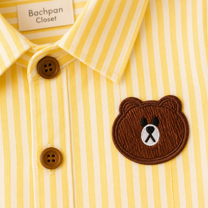 Bear Patch Yellow Striped Cotton Shirt