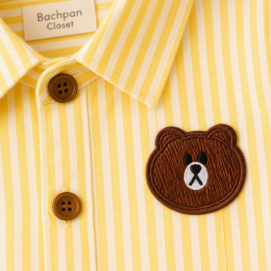 Bear Patch Striped Cotton Shirt (Blue & Yellow)