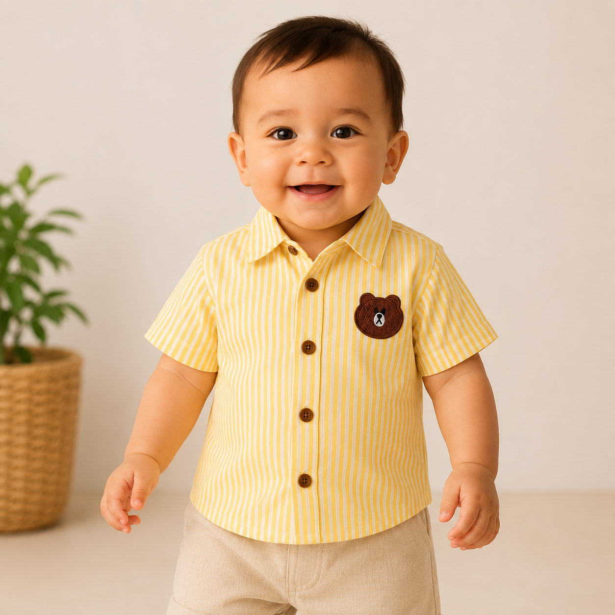 Bear Patch Yellow Striped Cotton Shirt