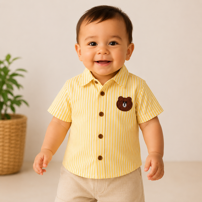 Bear Patch Yellow Striped Cotton Shirt