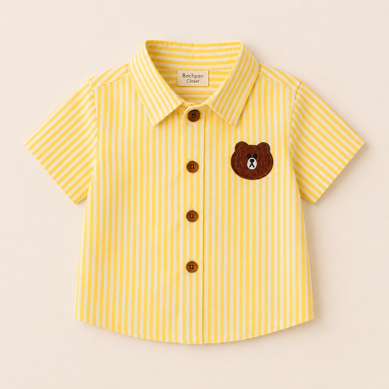 Bear Patch Yellow Striped Cotton Shirt