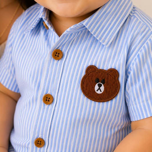 Bear Patch Blue Striped Cotton Shirt