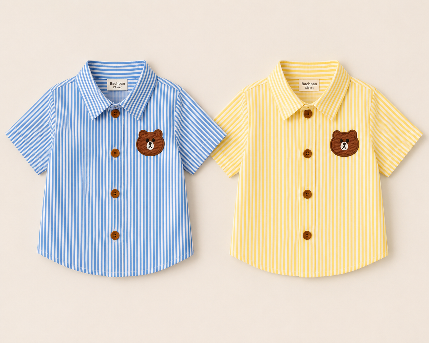 Bear Patch Striped Cotton Shirt (Blue & Yellow)