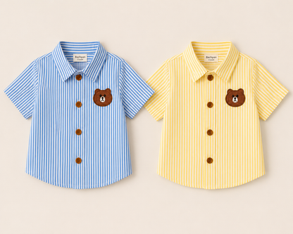 Bear Patch Striped Cotton Shirt (Blue & Yellow)