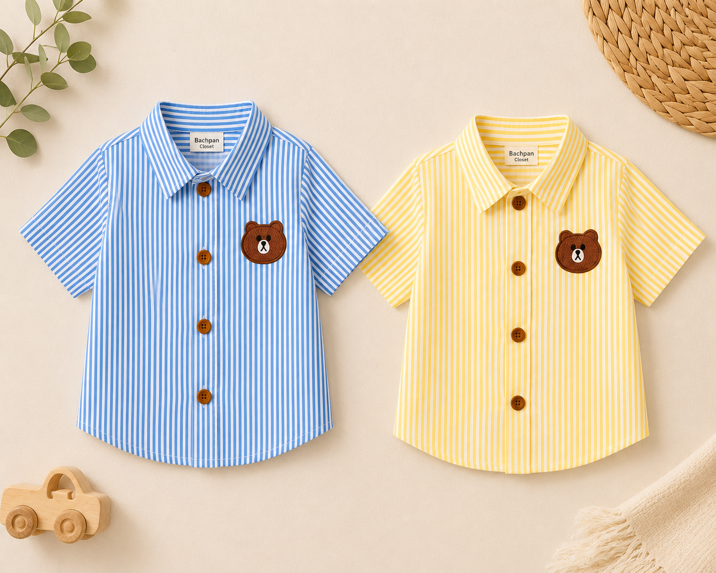 Bear Patch Striped Cotton Shirt (Blue & Yellow)