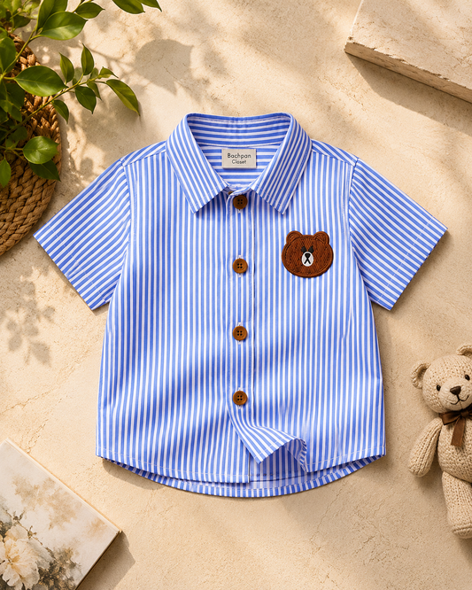 Bear Patch Blue Striped Cotton Shirt