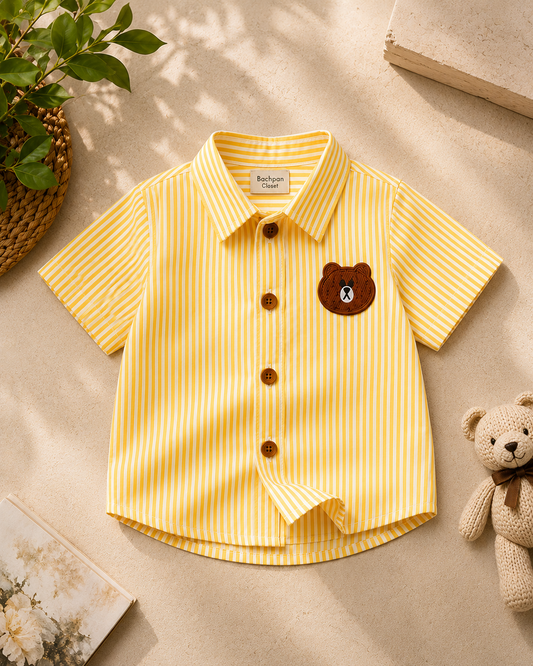 Bear Patch Yellow Striped Cotton Shirt