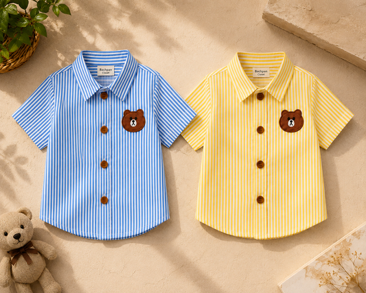 Bear Patch Striped Cotton Shirt (Blue & Yellow)