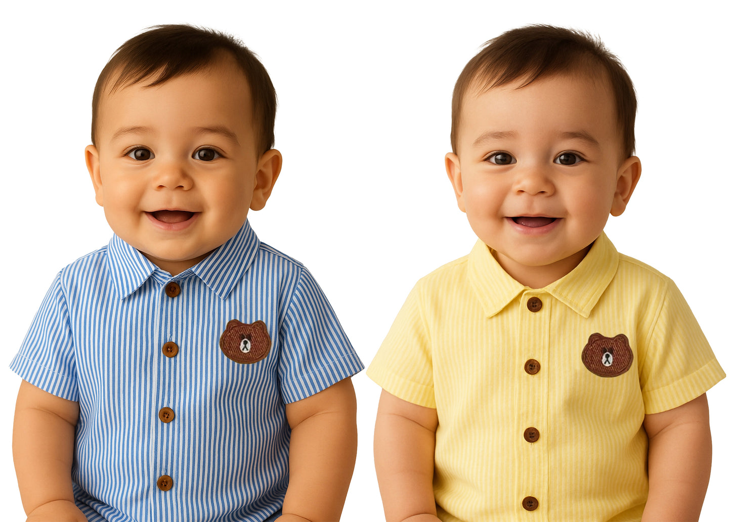 Bear Patch Striped Cotton Shirt (Blue & Yellow)