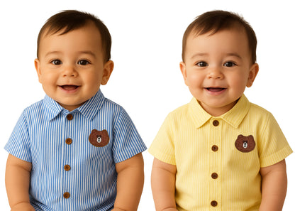 Bear Patch Striped Cotton Shirt (Blue & Yellow)
