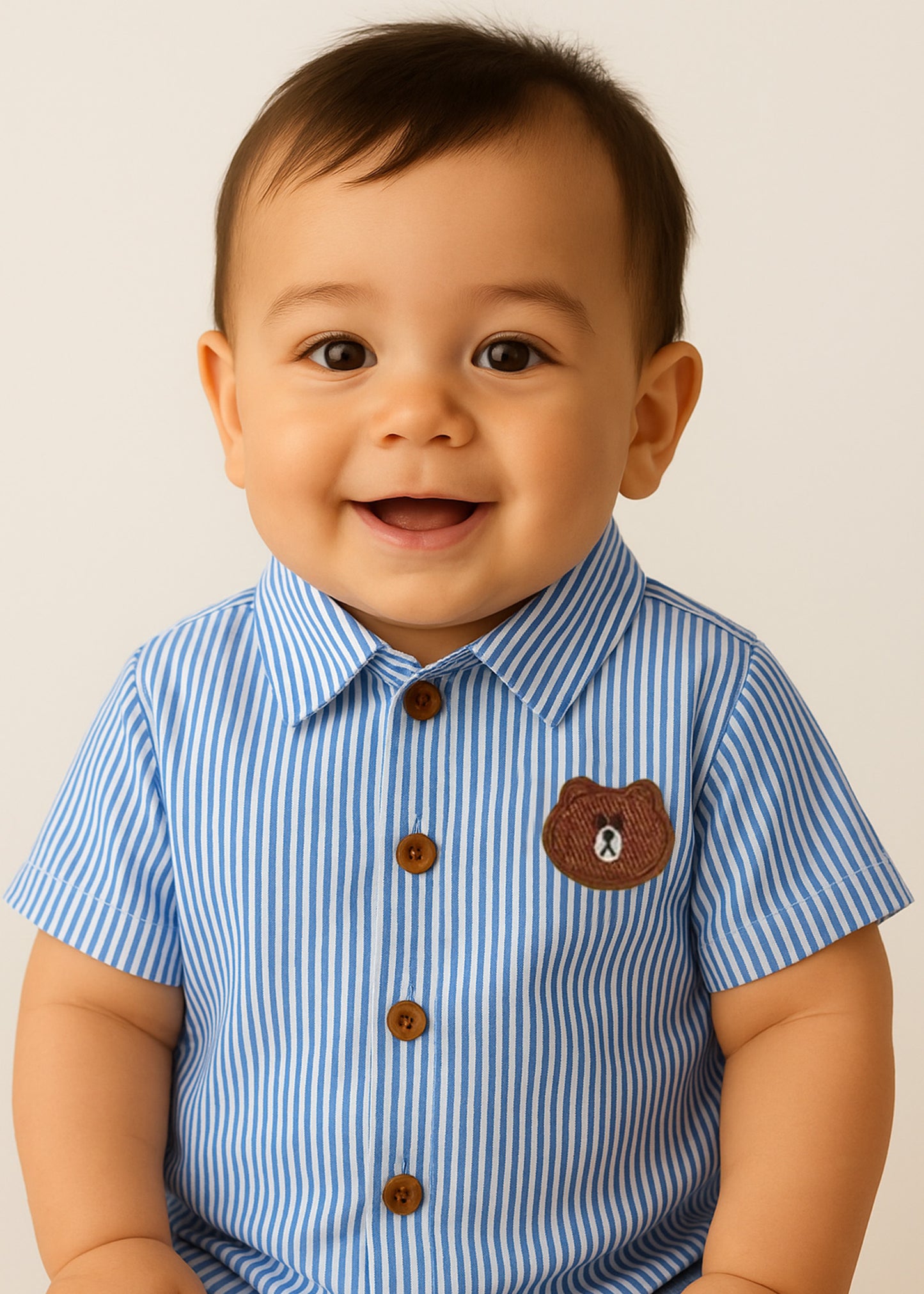 Bear Patch Blue Striped Cotton Shirt