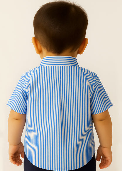 Bear Patch Blue Striped Cotton Shirt