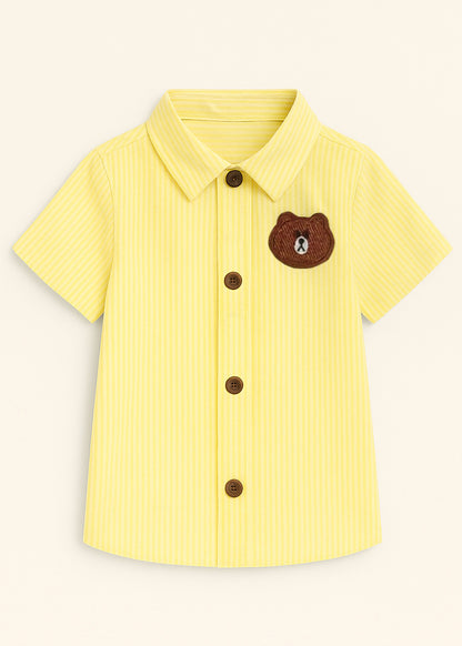 Bear Patch Yellow Striped Cotton Shirt