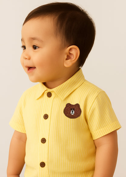 Bear Patch Yellow Striped Cotton Shirt